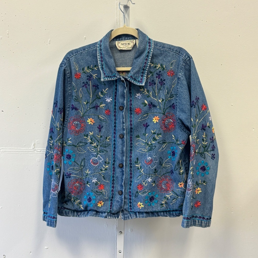 Vintage Tantrums Floral Embroidered Denim Jacket Medium Boho Cottagecore